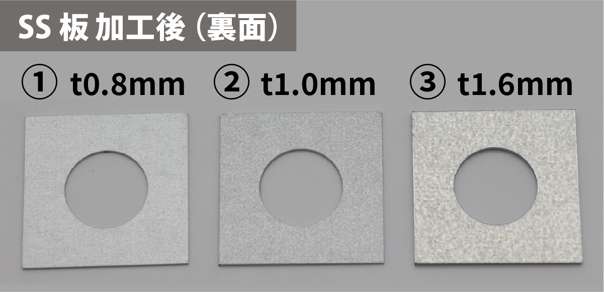 FLC1500で切断したSS材t0.8・1.0・1.6mmの裏面(ドロスなし)